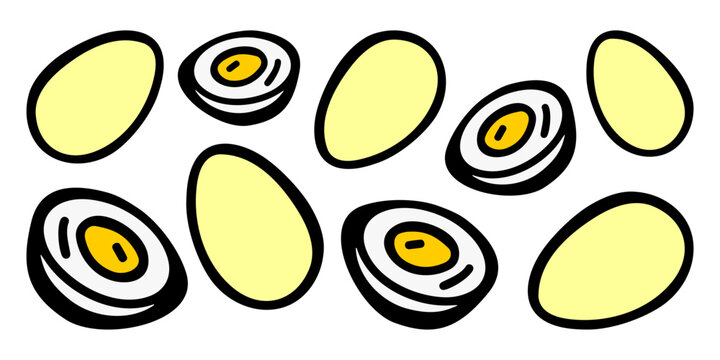 Boiled chicken eggs next to each other, in shell and cut. Horizontal banner on white isolated background