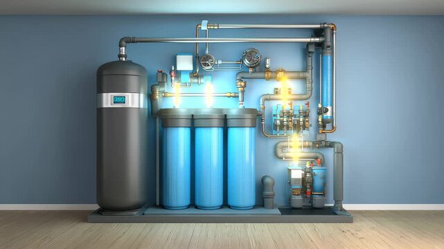 Water filtration system installed on a wall in a modern room for home use with pipes and valves