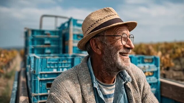  A cheerful, experienced vineyard owner, donning a stylish hat and spectacles, beams with pride during the grape harvest season. Amidst rows of vines.