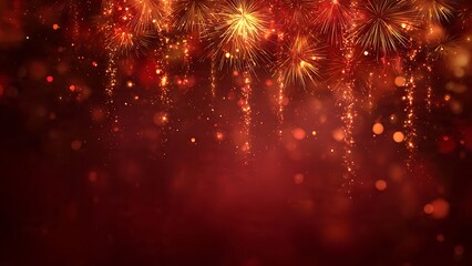 Fototapeta premium Golden Fireworks and Sparkling Bokeh on a Red Festive Background