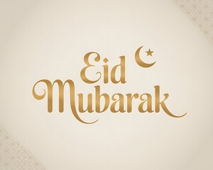 Obraz premium Title: Eid Mubarak greeting card with gold cursive text and a crescent moon star symbol on a light beige background with intricate geometric patterns