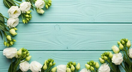 White and green flowers arranged in a circular pattern on a blue wooden background