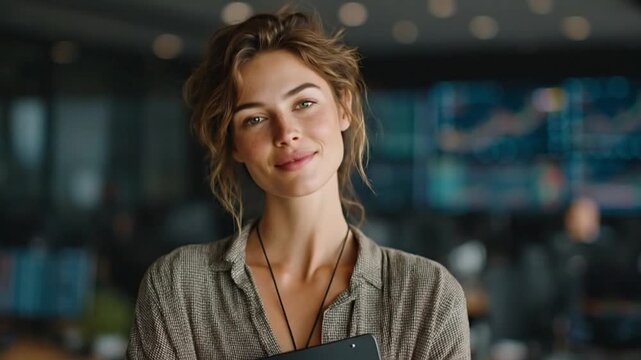  A sophisticated individual in a dynamic work environment, exuding composure and focus. Smiling confidently, she stands poised amid a backdrop of office activity. 
