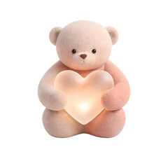 Obraz premium Pink teddy bear holding a glowing heart isolated on white background