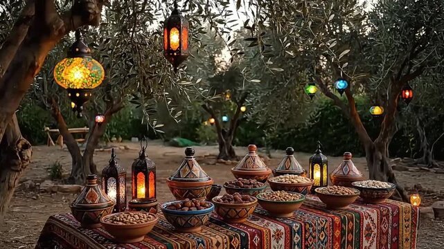 Magical Moroccan Ramadan Feast Under Olive Trees with Lanterns and Tagines.