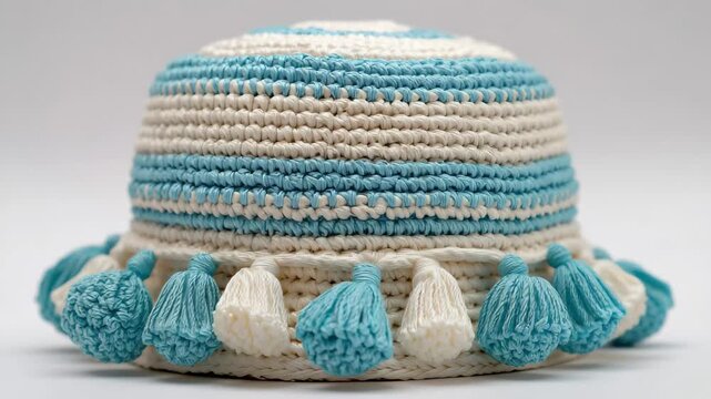 Crocheted hat made from cotton yarn with light blue and white stripes displayed against a neutral background in a studio setting