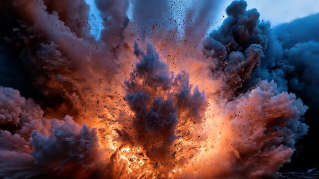 A vibrant, exploding cloudscape with fiery orange, dark blues, and wisps, in dynamic formation