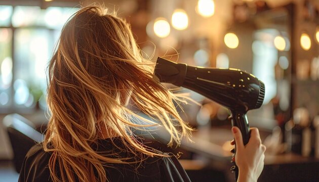 The focus is on the back of the head and auburn hair blowing in the wind, against a blurry salon backdrop and warm lighting.&nbsp;It captures moments of hair care, styling ge