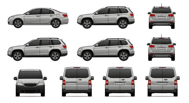 Comprehensive Vector Illustration Set of Silver Automotive Vehicles Sedan, SUV, and Cargo Van in Various Views