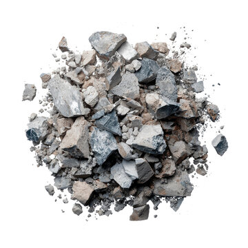 Pile of construction debris consists of rocks and cement pieces in a flat layout