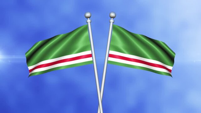 Chechen Repub-lic of Ichkeria Crossed Flags Waving in Blue Sky Loop Animation