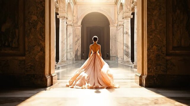 Woman in Opulent Dress Gazing at Light Through Grand Archway, Evoking Elegant Mystery