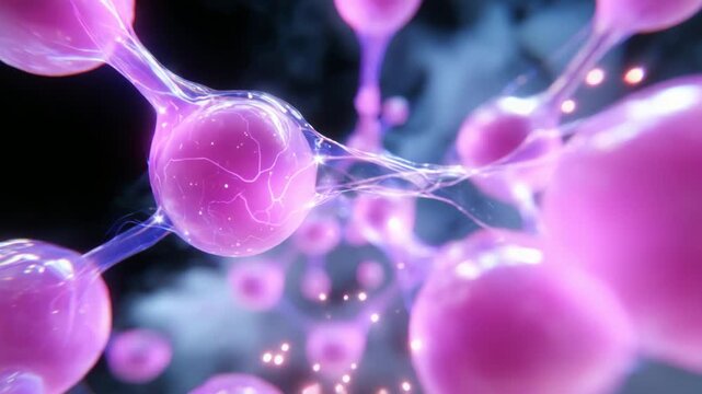 An Intricate Visualization of Neural Connections Illustrating the Dynamic Interaction Between Neurons, Highlighting the Ethereal Beauty of Synaptic Activity in a Deep Purple and Sparkling Environment