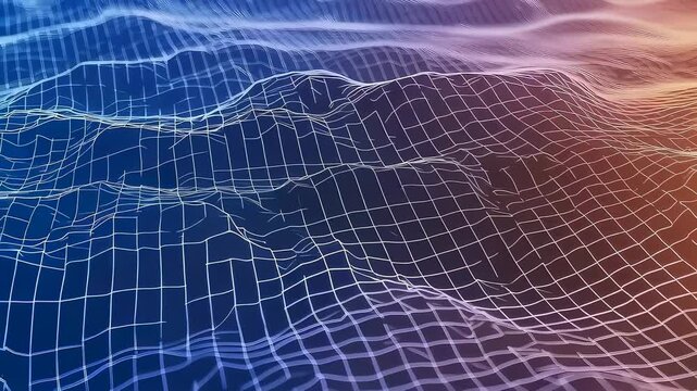 Dynamic digital grid landscape animation with glowing gradient transition. Abstract technology background with undulating mesh.