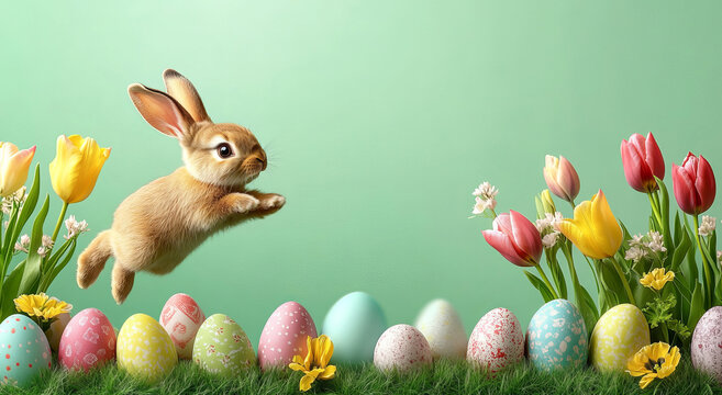 happy easter banner with a cute bunny jumping, colorful eggs, and tulips on a pastel green background. 