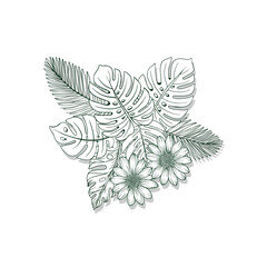 Ornamental floral corner designs with blossoms leaves and thin lines in black and white style
