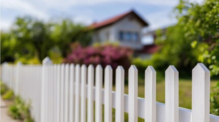 Fototapeta premium White picket fence in garden with blooming flowers and house background 