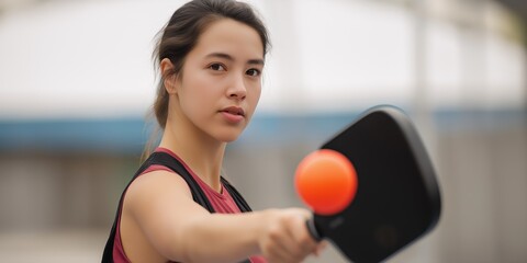 Young woman playing pickleball outdoors with a paddle and ball  
