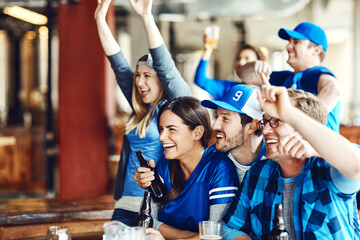 Fototapeta premium Victory, game or friends in pub with beer, match goal or celebration in soccer tournament. Support, people or football fans in restaurant with drinks, score lead or joint excitement in watching party