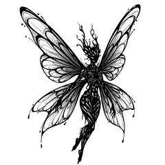 Dark fairy creature with butterfly wings, black ink illustration, fantasy art