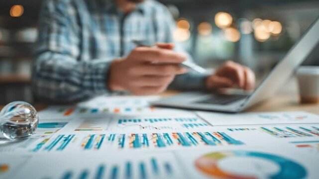  Focus on a person meticulously analyzes charts and graphs on his desk, his laptop and pen in hand, absorbed in the world of statistics and information.