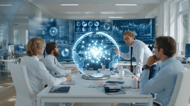  In a modern office setting, a team of business professionals collaborate, with one pointing to a holographic display of a globe overlaid with data.
