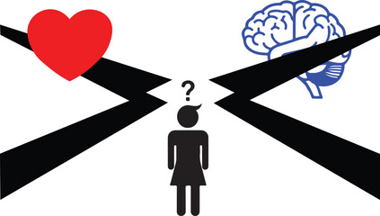 Woman at Crossroads with Heart and Brain Flat Vector for Career Decision, career guidance content, psychology blogs, emotional intelligence training, and personal growth marketing.