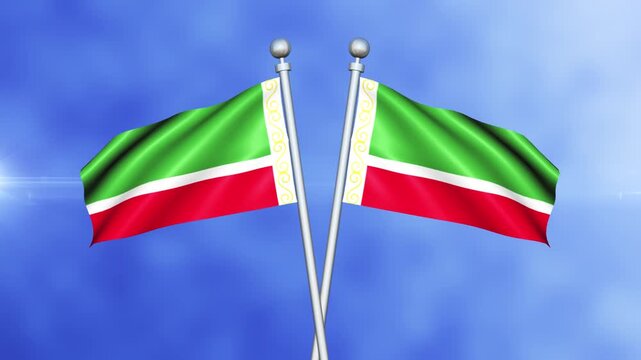 Chechen Repub-lic Crossed Flags Waving in Blue Sky Loop Animation
