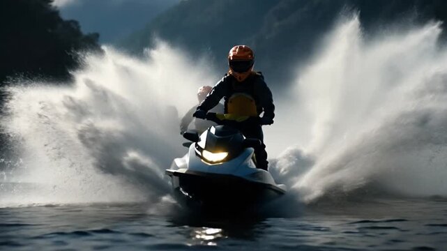  A person fearlessly rides a jet ski across a body of water, leaving a trail of exhilarating water splashes. capturing the thrill and freedom
