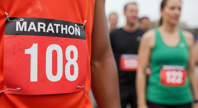 Marathon runner wearing race bib during city race