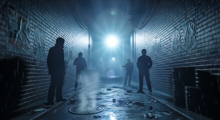 Group of dangerous criminals silhouettes standing in dark alleyway with blue light and fog urban crime scene with street gangs waiting for victim © Celt Studio