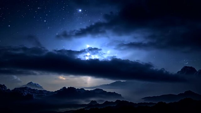 Mysterious Night Sky with Stars and Clouds over Mountains.