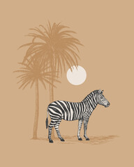 Fototapeta premium Zebra standing on ground with palm trees and sun on beige background. Vintage hand-drawn style illustration. Wildlife and safari concept. Design for poster, print, card, wall art, template.