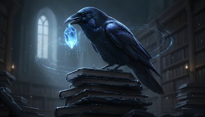 Obraz premium An analyst raven perches atop a stack of obsidian books, gripping a glowing data crystal in its beak, evoking data insight and mystery.