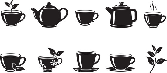 Fototapeta premium Various tea pots and cups black silhouette vector icons set for hot beverage illustrations on transparent background