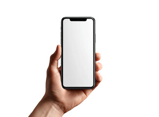 Hand holding a black smartphone with blank screen