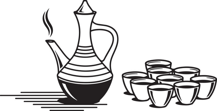 Traditional Ethiopian coffee pot and cups in black and white line art style on a transparent background