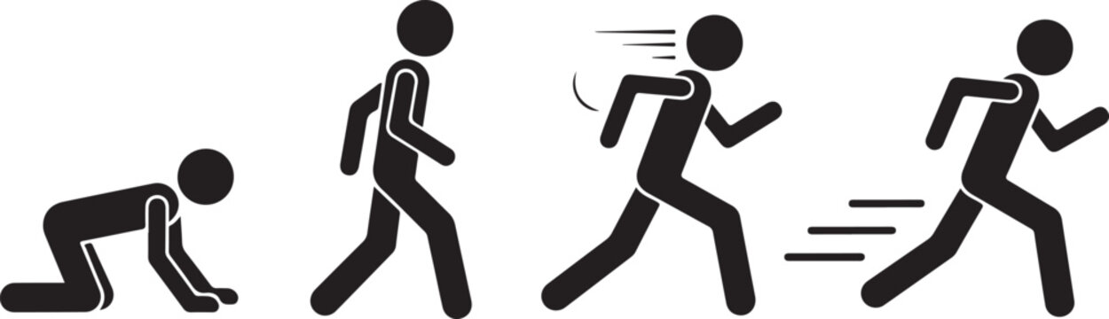 People walking running and crawling progression set vector illustration different stages of human movement activity
