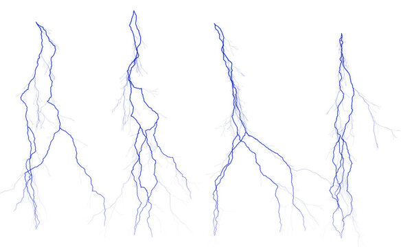 Selection of vertical blue lightning strikes isolated on transparent background showing glowing electrical branches and jagged thunderbolt shapes for dramatic weather effects and power visualization