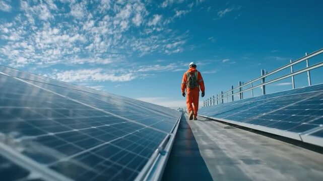  An engineer strides confidently across a solar panel array under a vast blue sky, symbolizing the forefront of renewable energy and innovation.