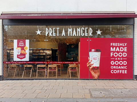 Preat A manger coffee shop, logo on the shop window, city street, Kingston shop.