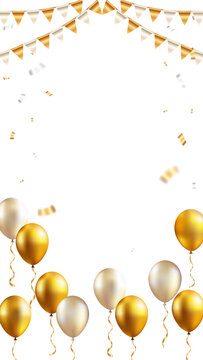Golden balloons and bunting flags vertical frame isolated on transparent background. Party celebration border for social media.