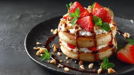 Stack of pancakes with strawberries and whipped cream on top. The plate is black and the strawberries are red