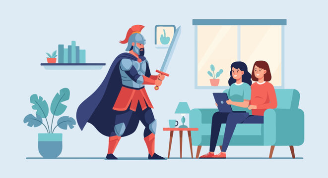 Warrior with sword faces two women using laptop on sofa