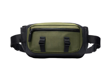 Fototapeta premium Olive green waist bag with black accents. Front-facing view. Modern, functional design with adjustable straps. Zippered main compartment and smaller pocket