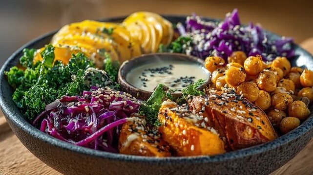 A tantalizing composition of wholesome, colorful ingredients, artfully arranged in a rustic bowl. Showcasing the beauty and goodness of plant-based cuisine.