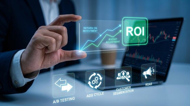 Businessman Adjusting ROI Graph and Budget with ROAS Marketing Icons Represents Return on Investment, Ad Spend Analysis, and Financial Performance