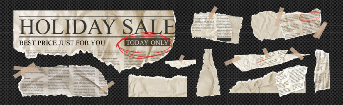 Scrapbook kit with old newspaper texture and torn paper cut outs. Features rip news page headlines, collage tape elements. Set for vintage projects, antique collage designs on like transparent png bg.