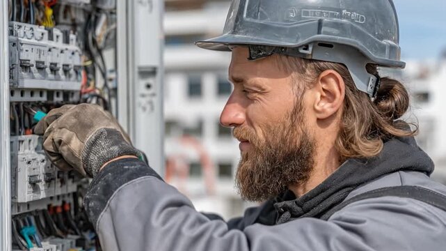  A skilled electrician focused on his work, meticulously inspecting and maintaining electrical circuits within an industrial control panel.