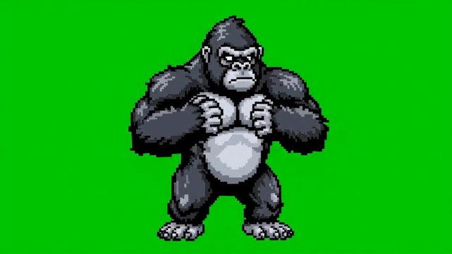 Pixel art gorilla dancing on a green screen background